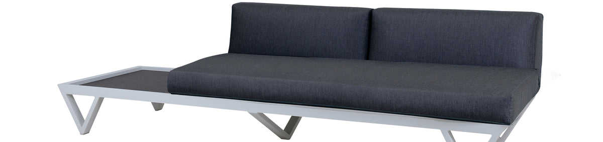 Bondi Belle 2-Seater Sectional Sofa with Right HPL Table by Mamagreen, showing angle view of bondi belle 2-seater sectional sofa with right hpl table in grafito agora cushion.