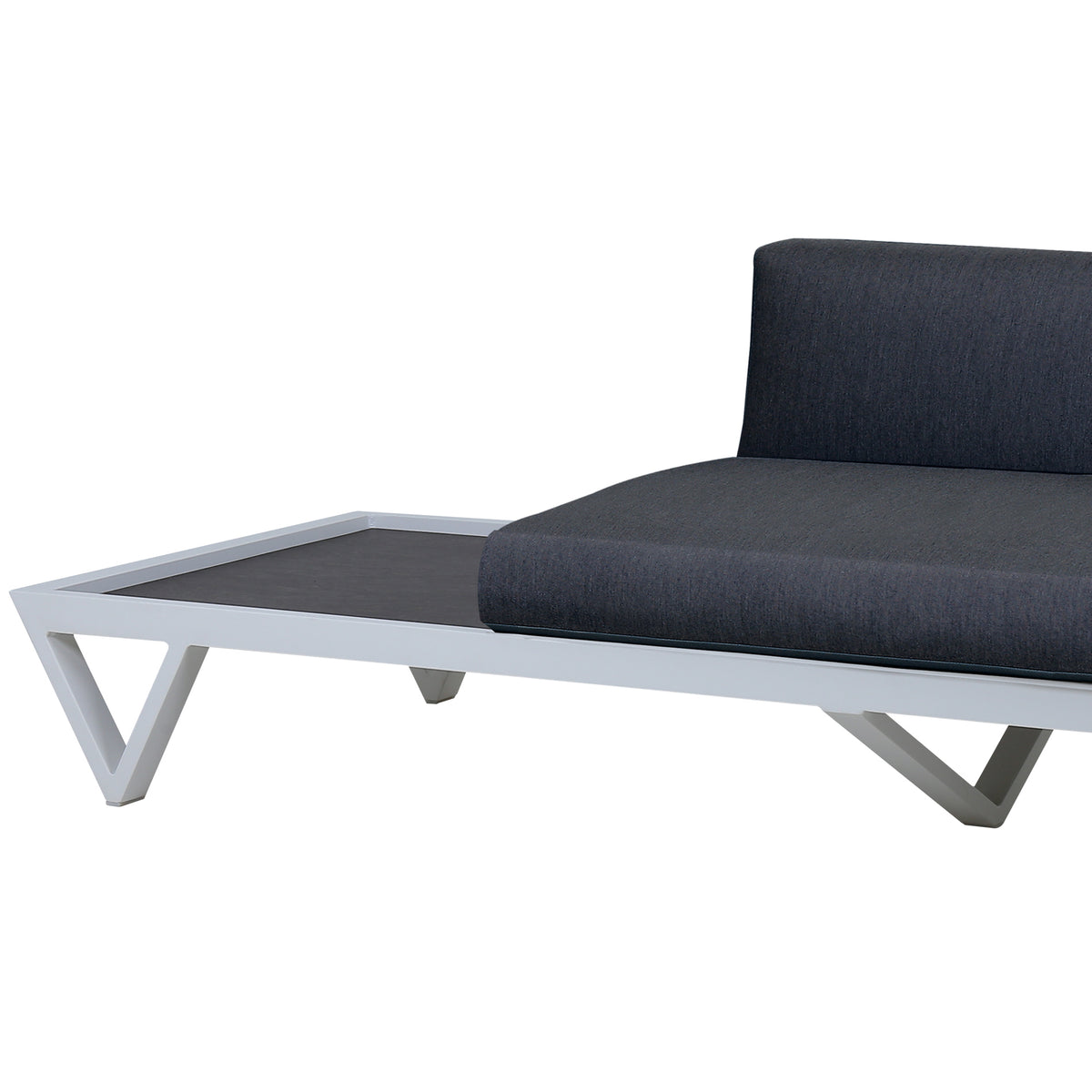 Bondi Belle 2-Seater Sectional Sofa with Right HPL Table by Mamagreen, showing closeup view of bondi belle 2-seater sectional sofa in grafito agora cushion with right hpl table.