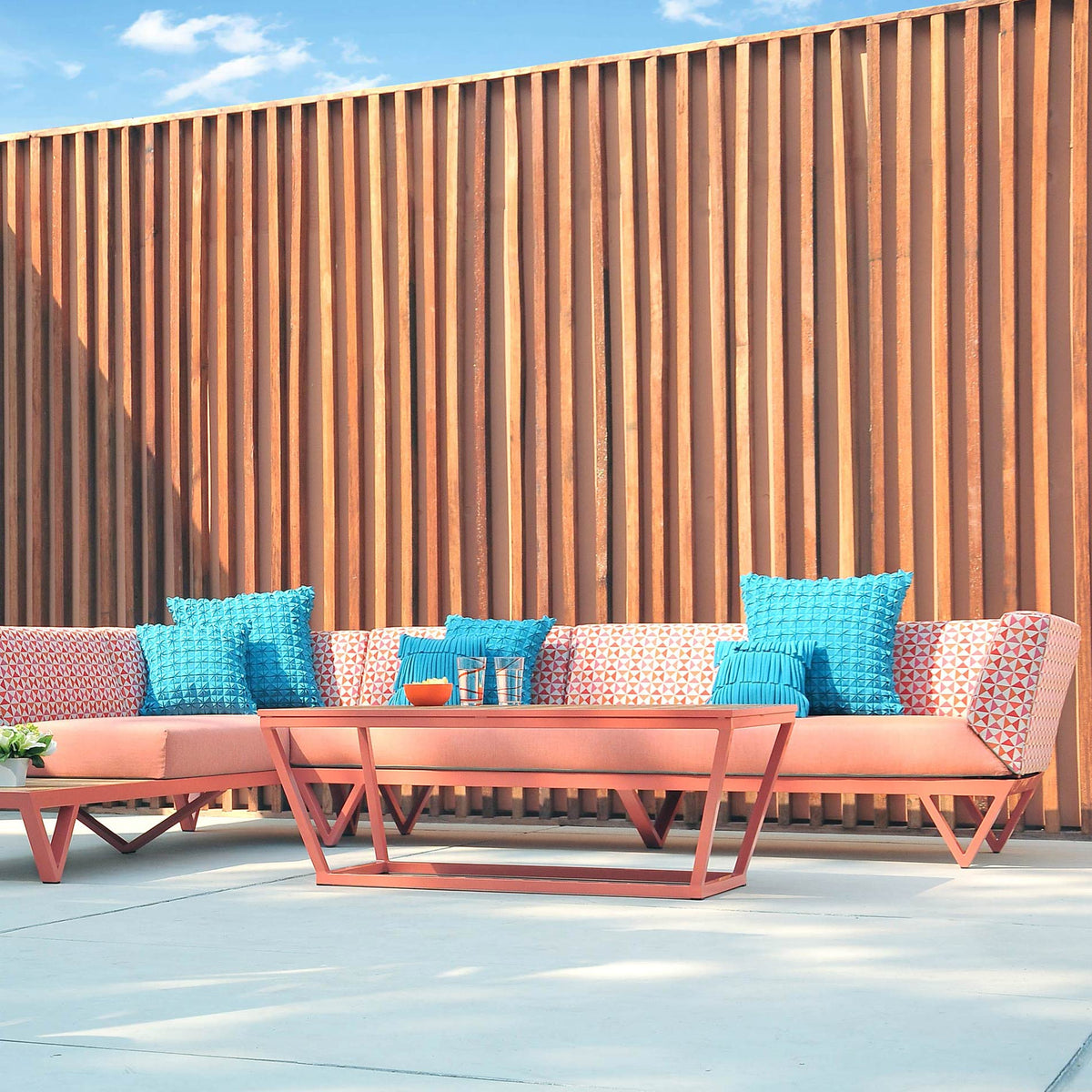 Bondi Belle 3-Seater Left Hand Arm Sectional Sofa by Mamagreen, showing bondi belle 3-seater left hand arm sectional sofa with chaise & table in live shot.