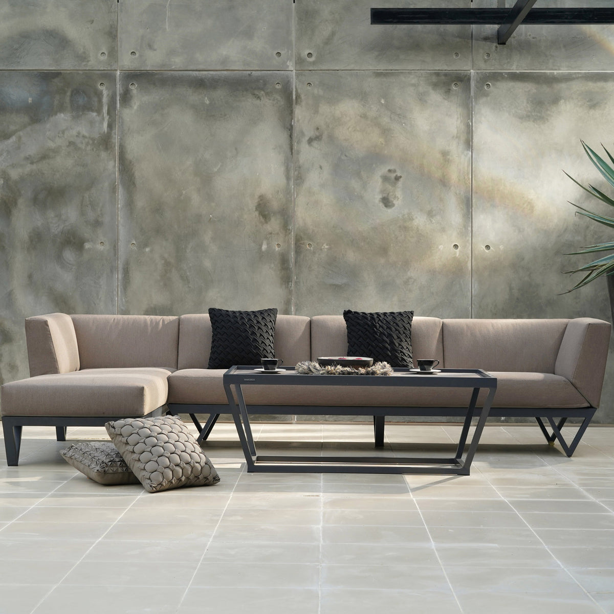 Bondi Belle 3-Seater Left Hand Arm Sectional Sofa by Mamagreen, showing bondi belle 3-seater left hand arm sectional sofa with chaise & table in live shot.