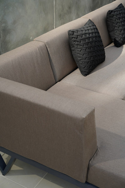 Bondi Belle 3-Seater Left Hand Arm Sectional Sofa by Mamagreen, showing closeup view of bondi belle 3-seater left hand arm sectional sofa with chaise in live shot.