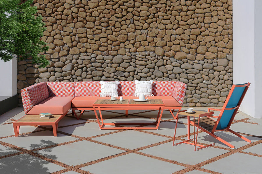 Bondi Belle 3-Seater Left Hand Arm Sectional Sofa by Mamagreen, showing bondi belle 3-seater left hand arm sectional sofa with chaise, chair & tables in live shot.