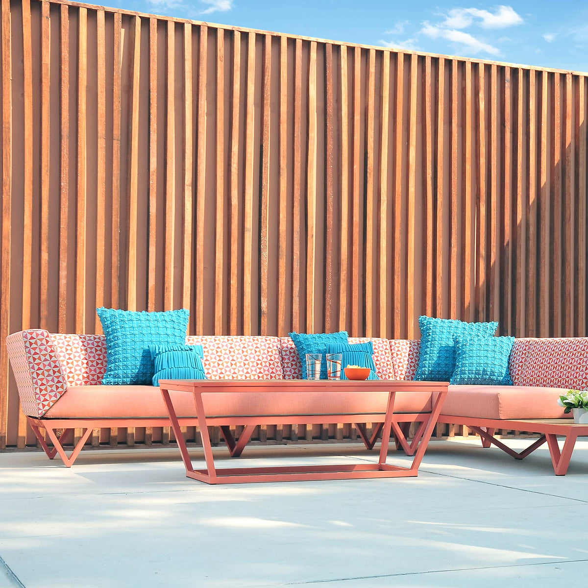 Bondi Belle 3-Seater Right Hand Arm Sectional Sofa by Mamagreen, showing bondi belle 3-seater right hand arm sectional sofa with chaise & table in live shot.