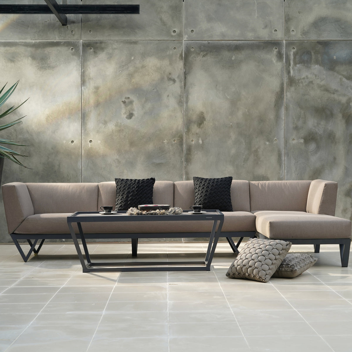 Bondi Belle 3-Seater Right Hand Arm Sectional Sofa by Mamagreen, showing bondi belle 3-seater right hand arm sectional sofa with chaise & table in live shot.