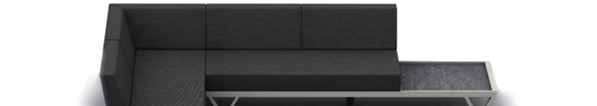 Bondi Belle Configuration 13 with HPL Table by Mamagreen, showing front view of bondi belle configuration 13 in grafito agora cushion with hpl table.