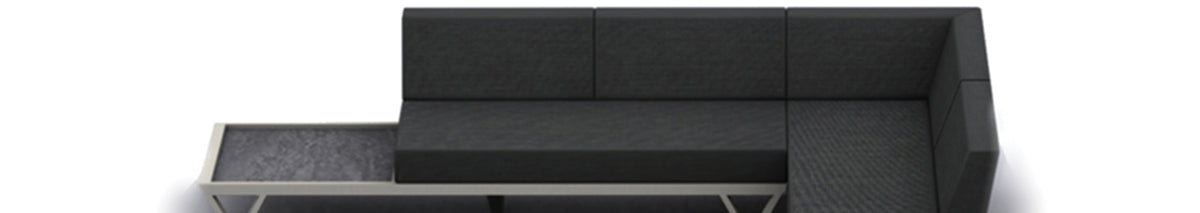 Bondi Belle Configuration 14 with HPL Table by Mamagreen, showing front view of bondi belle configuration 14 in grafito agora cushion with hpl table.