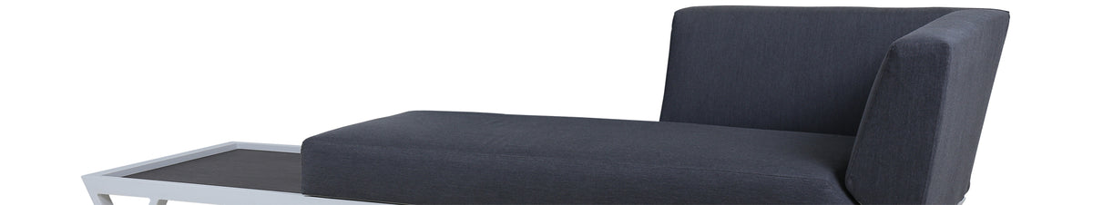 Bondi Belle Left Hand Arm Sofa Chaise with HPL Table by Mamagreen, showing angle view of bondi belle left hand arm sofa chaise with hpl table in grafito agora cushion/slate HPL.