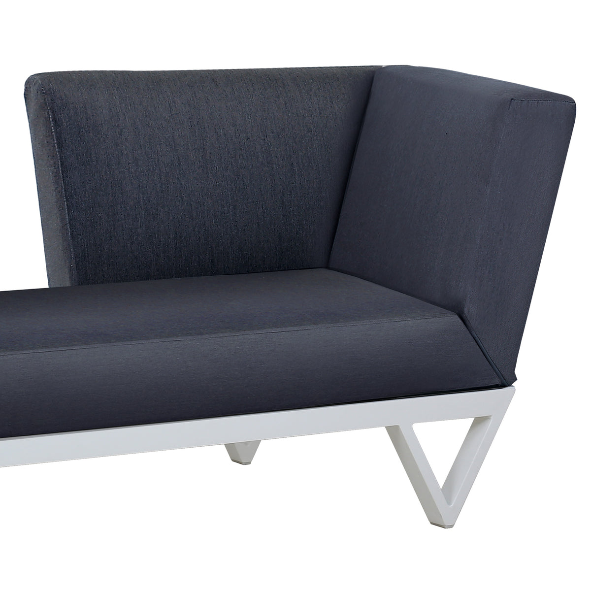 Bondi Belle Left Hand Arm Sofa Chaise with HPL Table by Mamagreen, showing closeup view of bondi belle left hand arm sofa chaise with hpl table in grafito agora cushion.