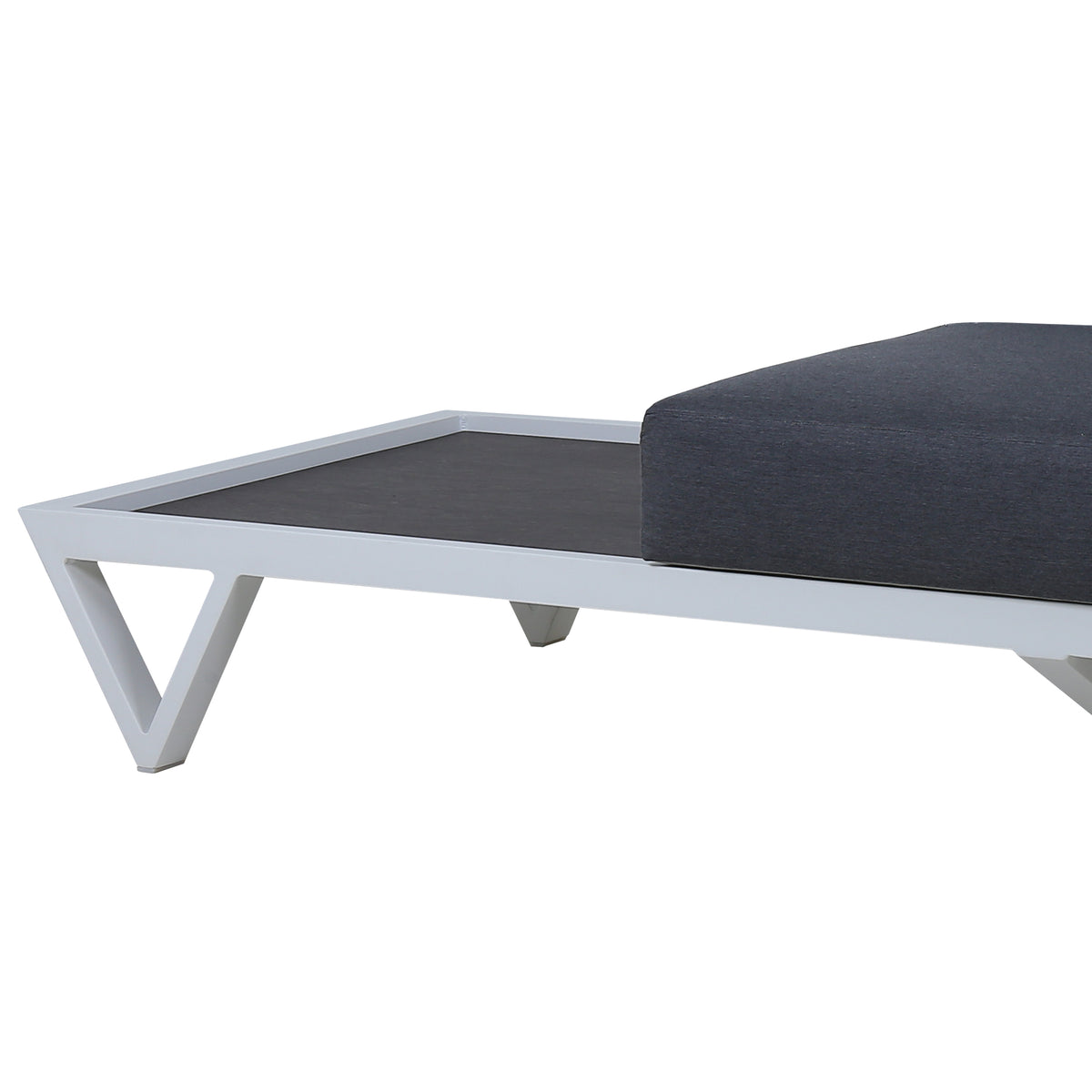 Bondi Belle Left Hand Arm Sofa Chaise with HPL Table by Mamagreen, showing closeup view of bondi belle left hand arm sofa chaise with hpl table in grafito agora cushion/slate HPL.