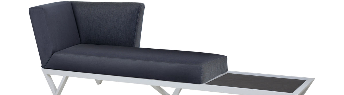 Bondi Belle Right Hand Arm Sofa Chaise with HPL Table by Mamagreen, showing angle view of bondi belle right hand arm sofa chaise in grafito agora cushion with hpl table.
