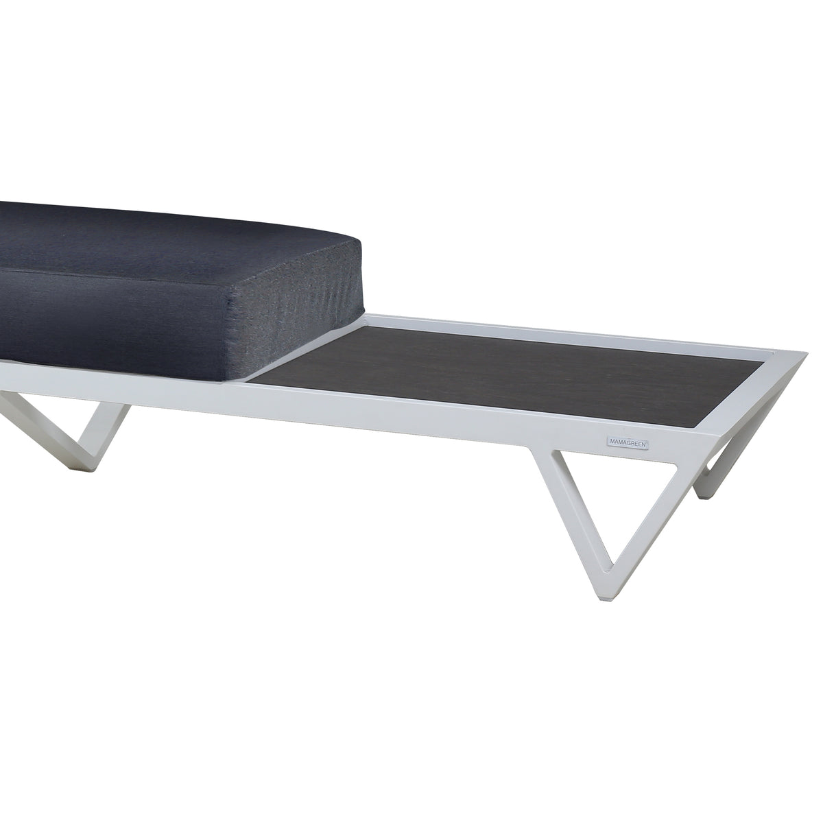 Bondi Belle Right Hand Arm Sofa Chaise with HPL Table by Mamagreen, showing closeup view of bondi belle right hand arm sofa chaise in grafito agora cushion with hpl table.