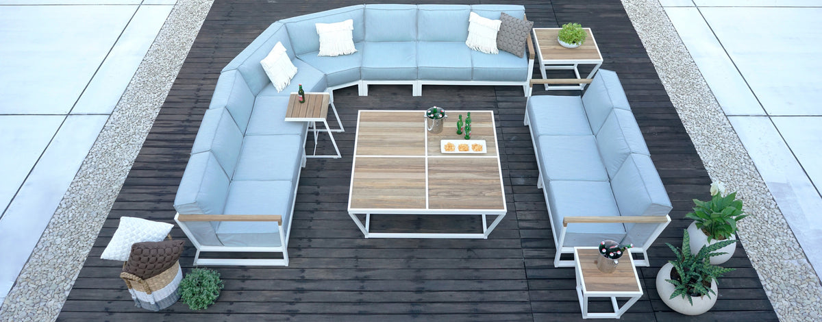 Bondi Big Square Coffee Table by Mamagreen, showing bondi big square coffee table with configuration, sectional, c side table, square side table & small square coffee table in live shot.