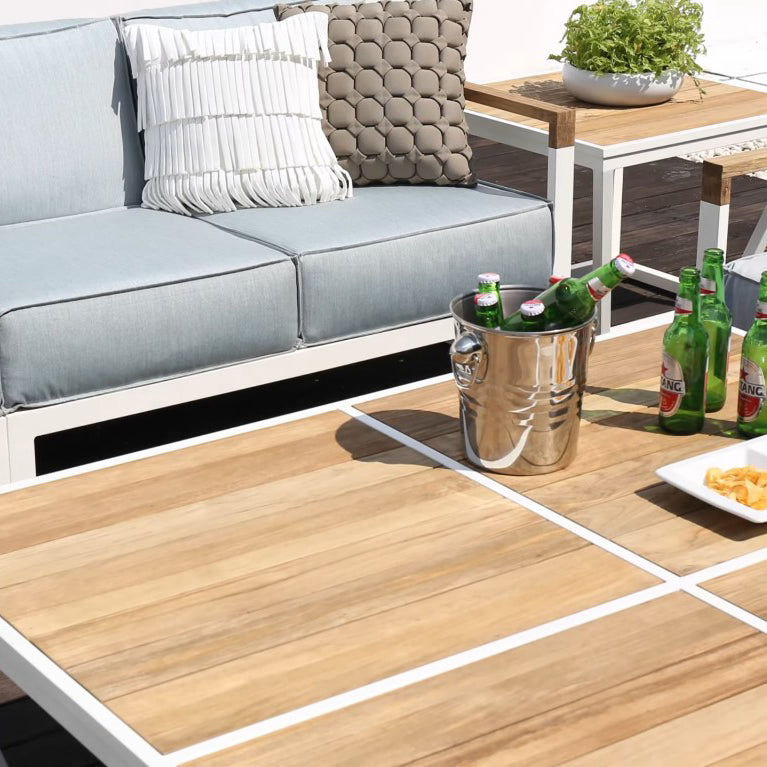 Bondi Big Square Coffee Table by Mamagreen, showing closeup view of bondi big square coffee table with sofa & small square coffee table in live shot.