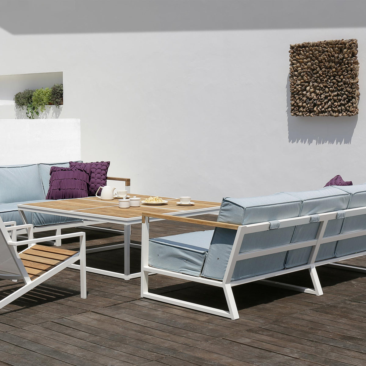 Bondi Big Square Coffee Table by Mamagreen, showing bondi big square coffee table with sofas & chair in live shot.