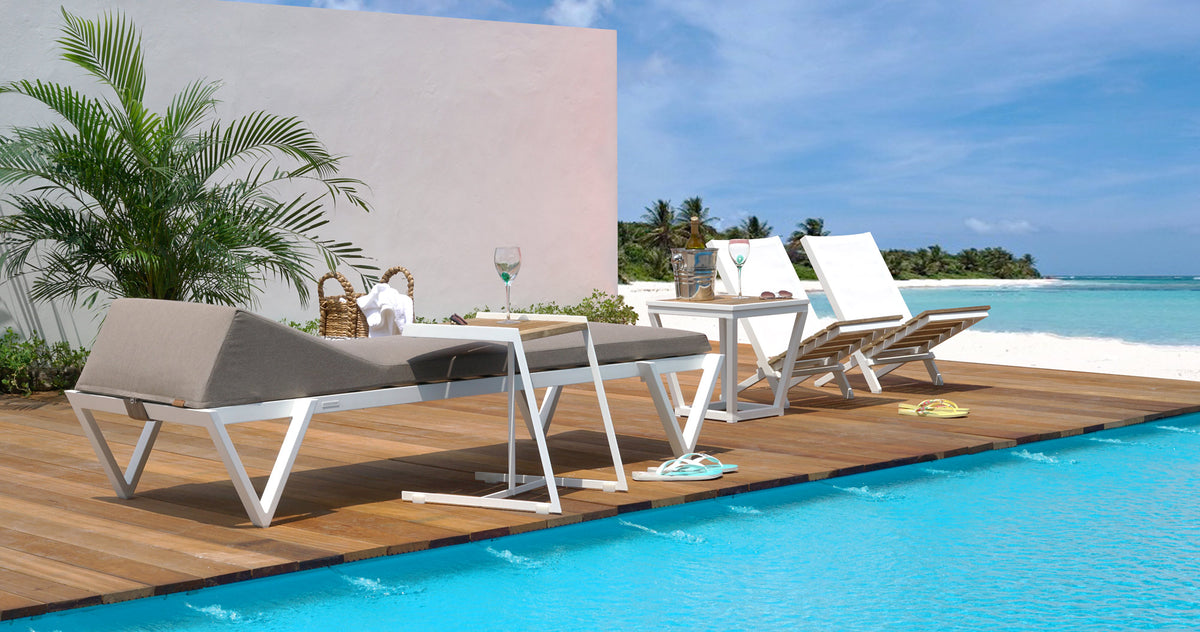 Bondi Cushion Sunbed by Mamagreen, showing bondi cushion sunbed with chairs & tables in live shot.