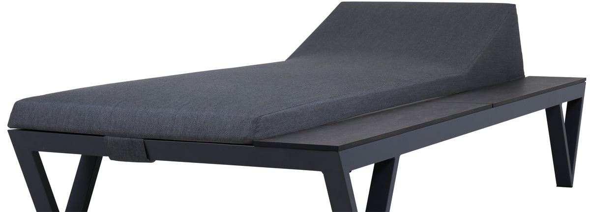 Bondi Cushion Sunbed with HPL Tray by Mamagreen, showing angle view of bondi cushion sunbed in grafito agora cushion with hpl tray.