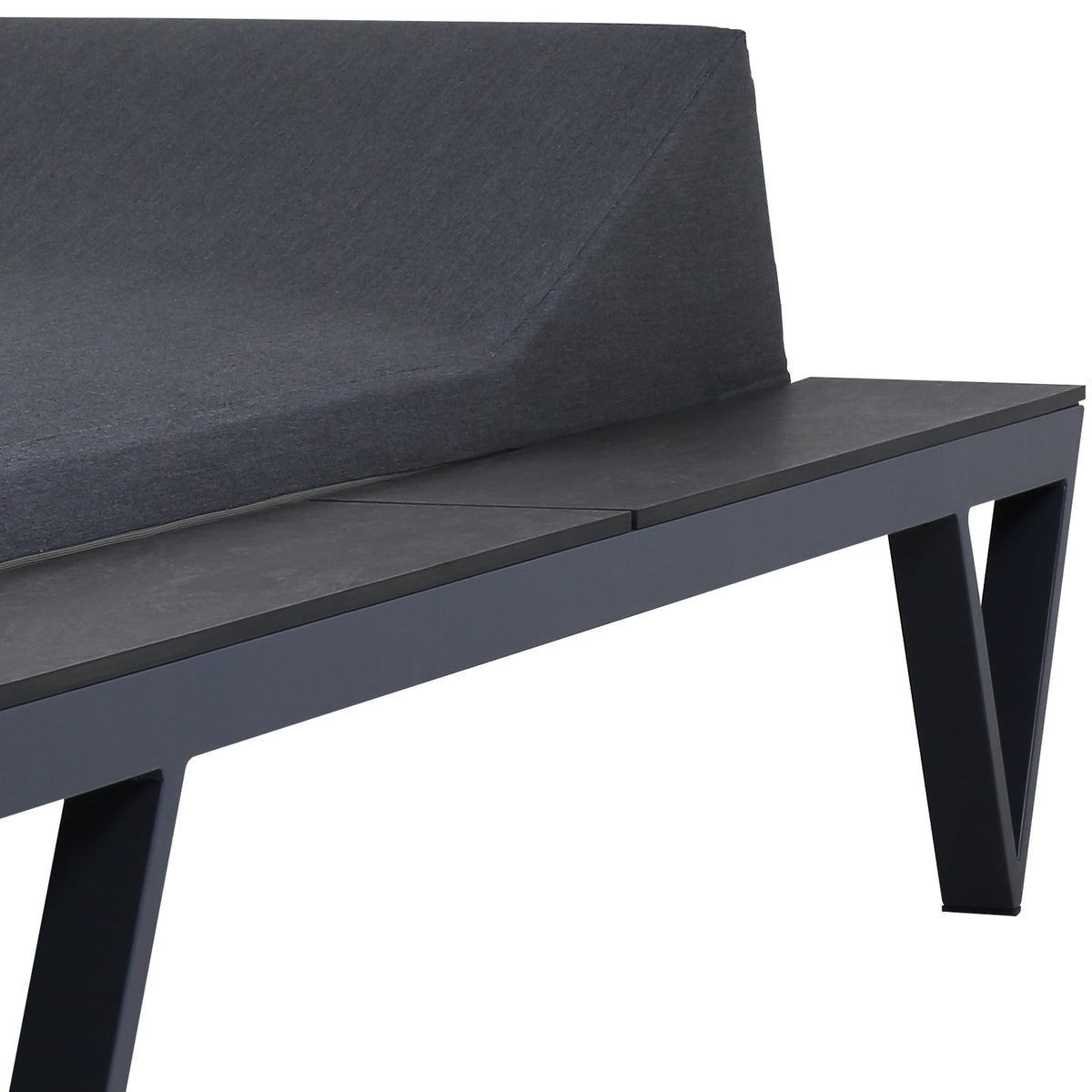 Bondi Cushion Sunbed with HPL Tray by Mamagreen, showing closeup view of bondi cushion sunbed in grafito agora cushion with hpl tray.