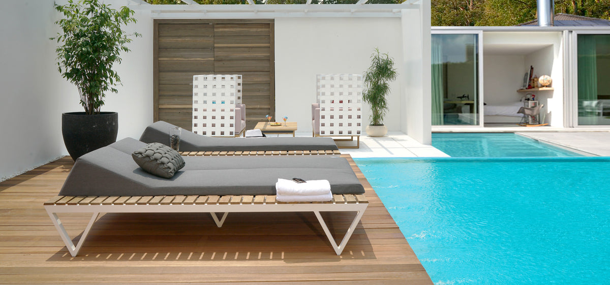 Bondi Cushion Sunbed with Teak Tray by Mamagreen, showing bondi cushion sunbed with teak tray in live shot.