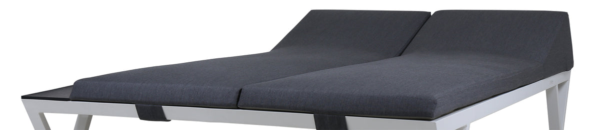 Bondi Double Cushion Sunbed with HPL Tray by Mamagreen, showing angle view of bondi double cushion sunbed in grafito agora cushion with hpl tray.