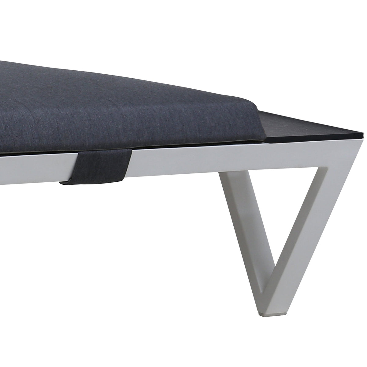 Bondi Double Cushion Sunbed with HPL Tray by Mamagreen, showing angle view of bondi double cushion sunbed in grafito agora cushion with hpl tray.