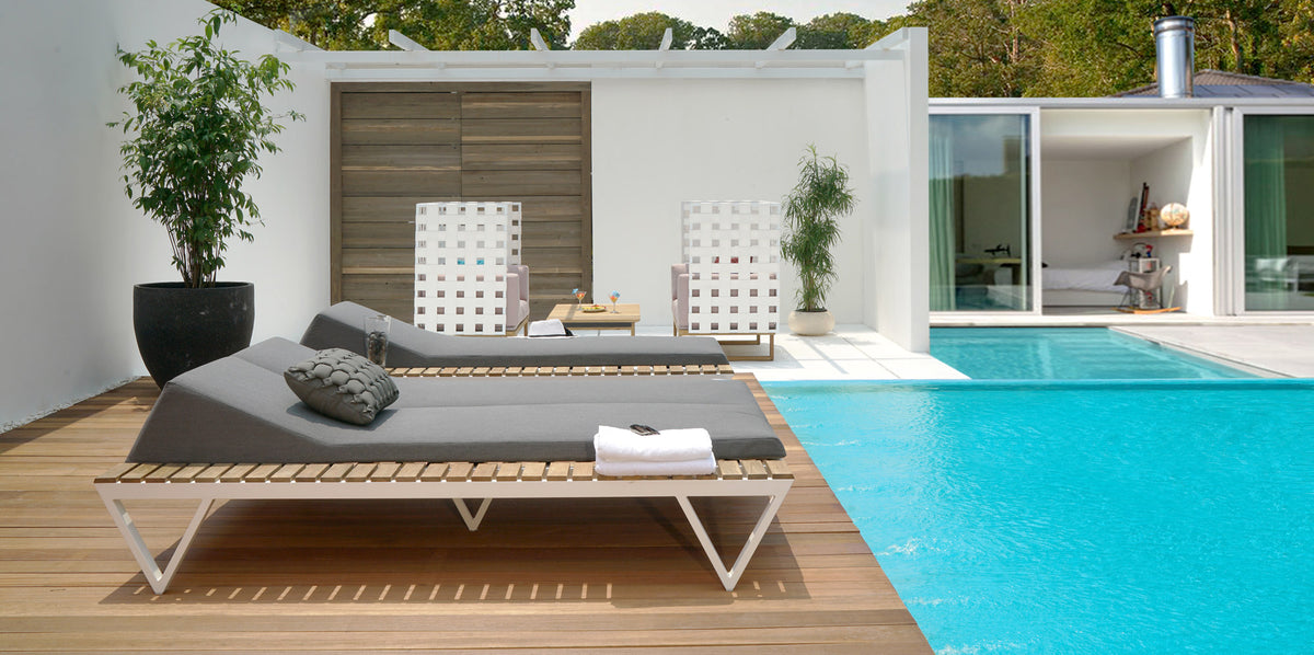 Bondi Double Cushion Sunbed with Teak Tray by Mamagreen, showing bondi double cushion sunbed with teak tray in live shot.