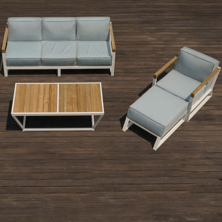 Bondi Rectangular Coffee Table by Mamagreen, showing bondi rectangular coffee table with sofa, chair & footrest in live shot.