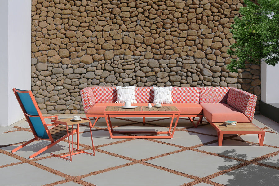 Bondi Rectangular Coffee Table by Mamagreen, showing bondi rectangular coffee table with c table, sectional & chair in live shot.