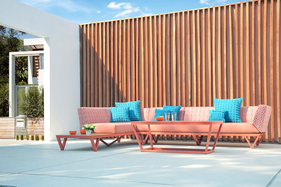 Bondi Rectangular Coffee Table by Mamagreen, showing bondi rectangular coffee table with sectional in live shot.