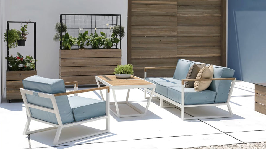 Bondi Rectangular Coffee Table by Mamagreen, showing bondi rectangular coffee table with sofa & chair in live shot.
