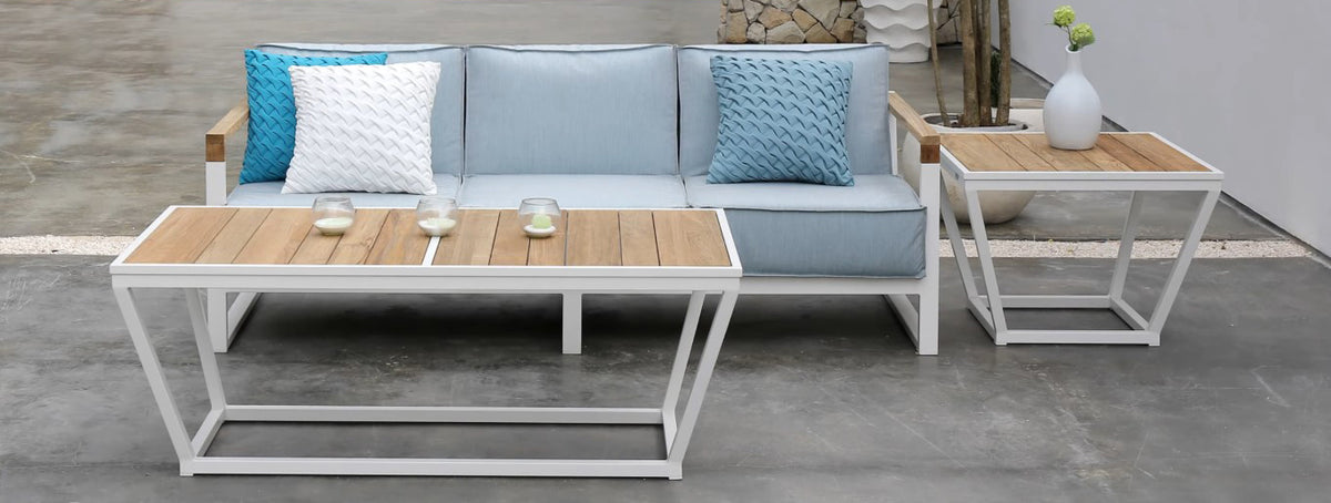 Bondi Rectangular Coffee Table by Mamagreen, showing bondi rectangular coffee table with small coffee table & sofa in live shot.