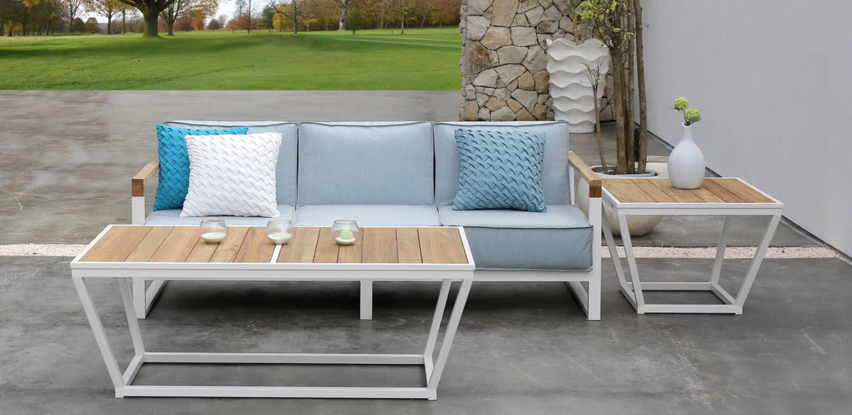 Bondi Small Square Coffee Table by Mamagreen, showing bondi small square coffee table with sofa & rectangular coffee table in live shot.