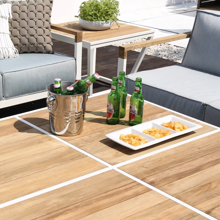Bondi Small Square Coffee Table by Mamagreen, showing bondi small square coffee table with sofas & big suqare coffee table in live shot.