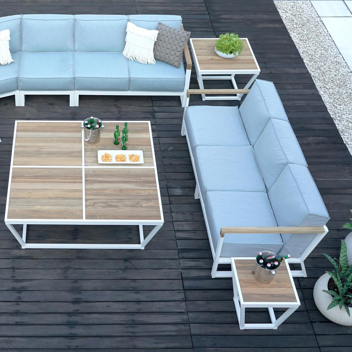 Bondi Small Square Coffee Table by Mamagreen, showing bondi small square coffee table with sectional, sofa, side table & big suqare coffee table in live shot.