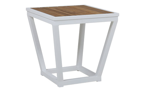 Bondi Square Side Table by Mamagreen - White Sand Aluminum, Brushed Teak Wood.