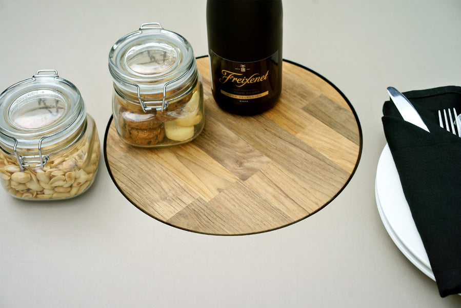 Bono Teak Dining Table by Mamagreen, showing closeup view of bono teak dining table in live shot.