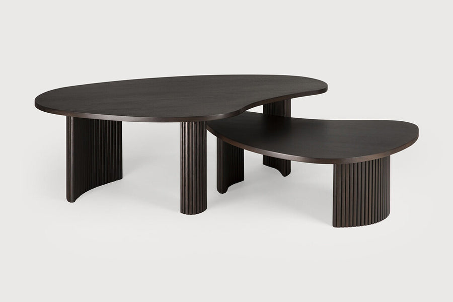 Boomerang Coffee Table by Ethnicraft, showing boomerang coffee tables in dark brown varnished mahogany.