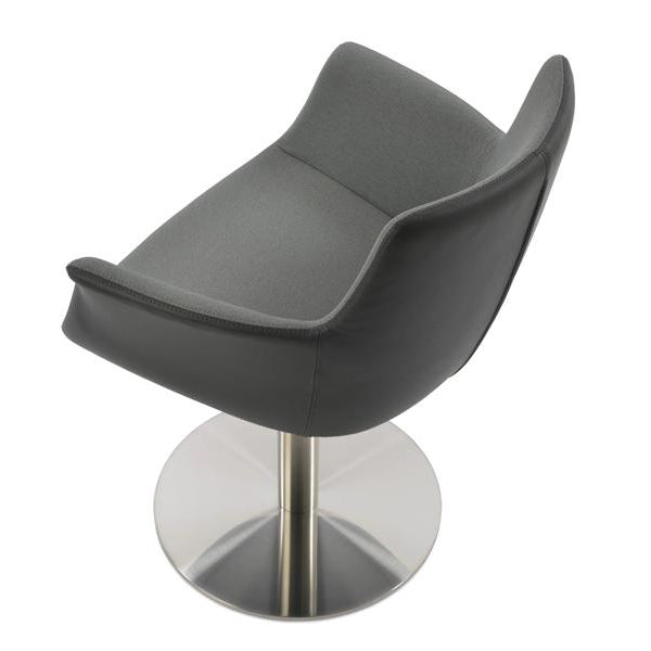 Bottega Round Swivel Armchair by SohoConcept, showing front view of camira era grey fabric with stainless steel base.
