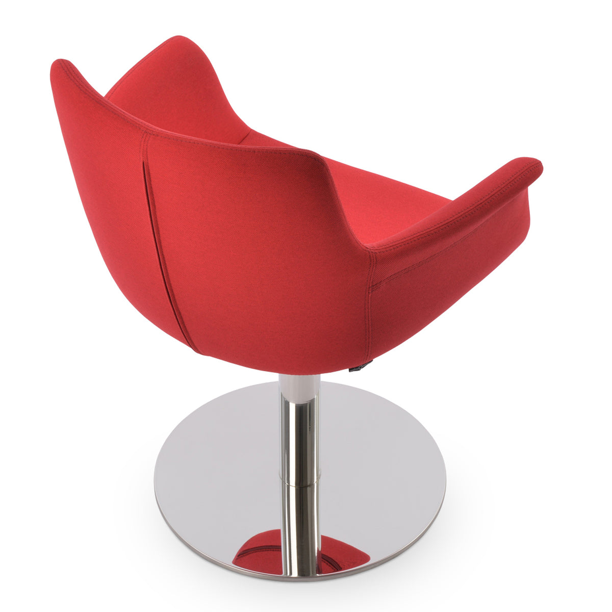 Bottega Round Swivel Armchair by SohoConcept, showing front view of camira era red fabric with polished stainless steel base.