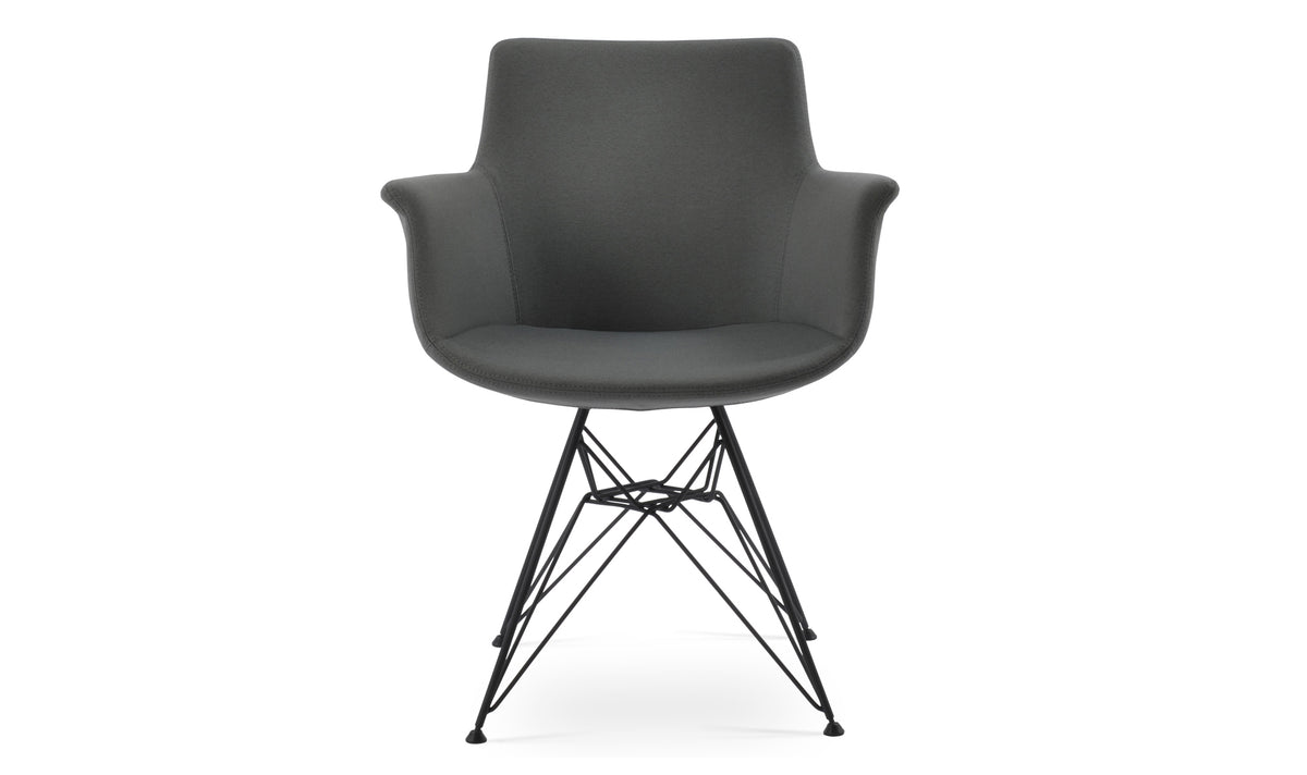 Bottega Tower Armchair by SohoConcept. showing front view in camira era grey fabric with black wires base.