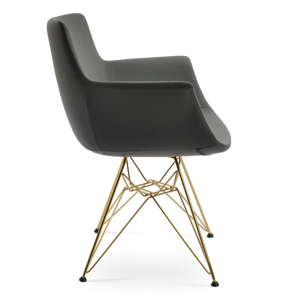Bottega Tower Armchair by SohoConcept. showing side view in camira era grey fabric with gold brass wires base.