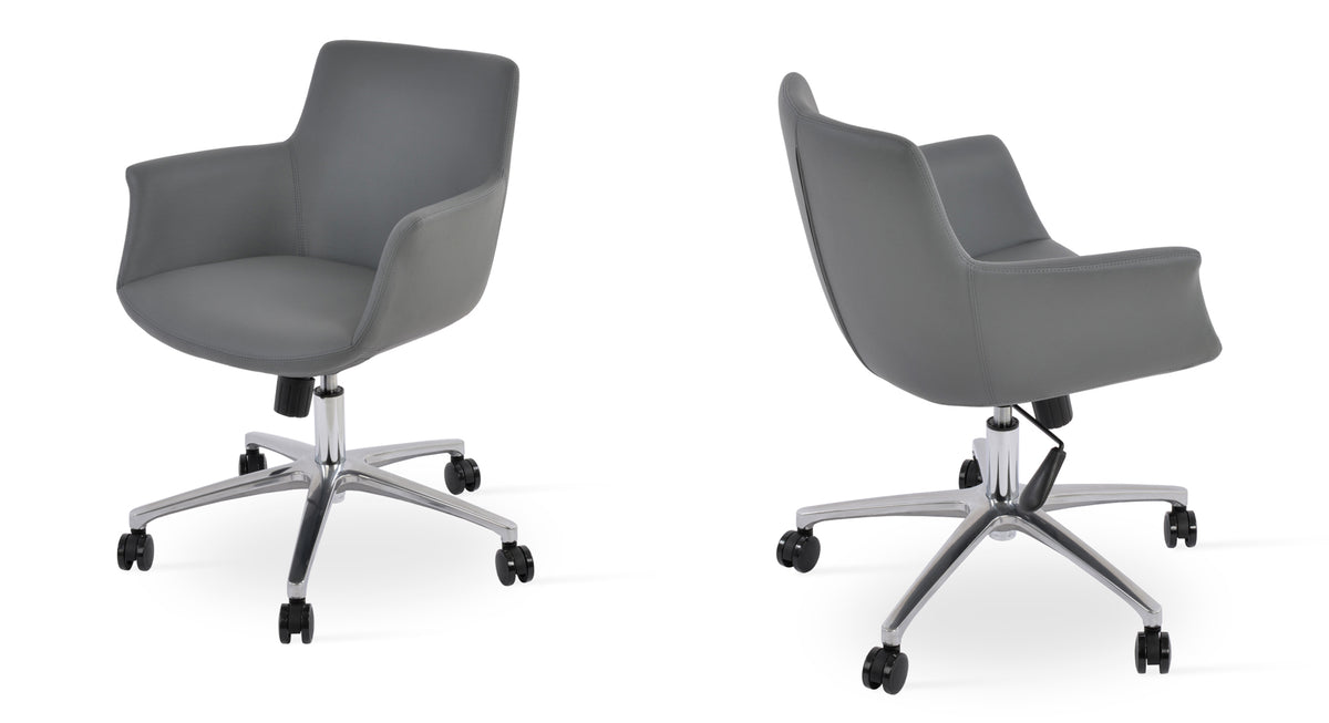 Bottega Office Armchair by sohoConcept, showing two chairs in grey leatherette with chrome plated steel base.