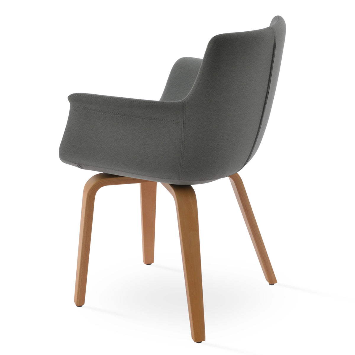 Bottega Plywood Armchair by SohoConcept, showing angle view in camira era grey fabric with natural wood base.