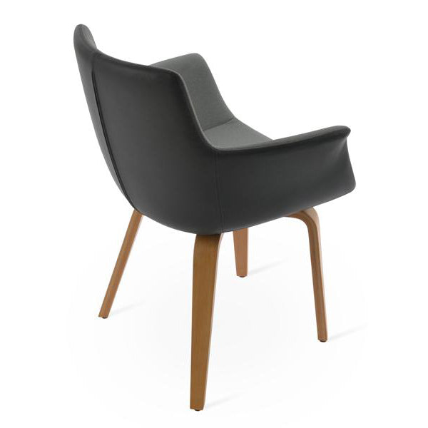 Bottega Plywood Armchair by SohoConcept, showing back view in camira era grey fabric with natural wood base.