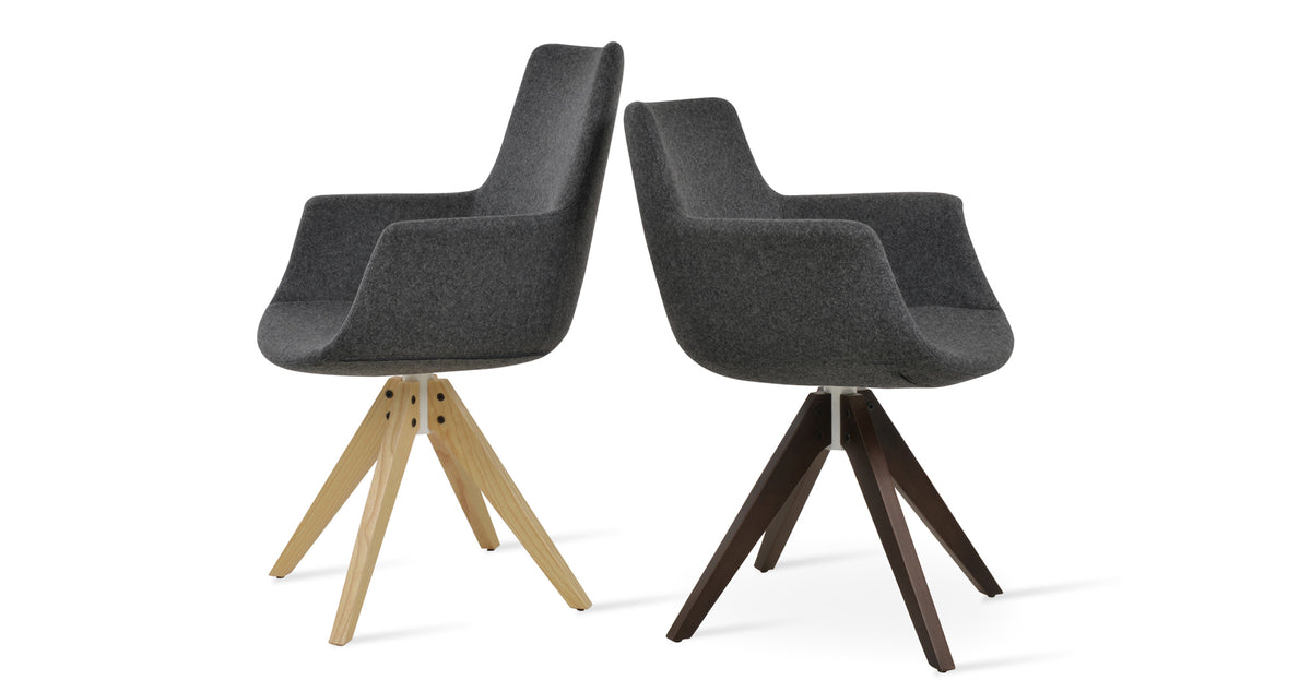 Bottega Pyramid Swivel Armchair by SohoConcept, showing two bottega pyramid swivel armchairs (short/high back) in camira blazer dark grey wool with natural and walnut wood.