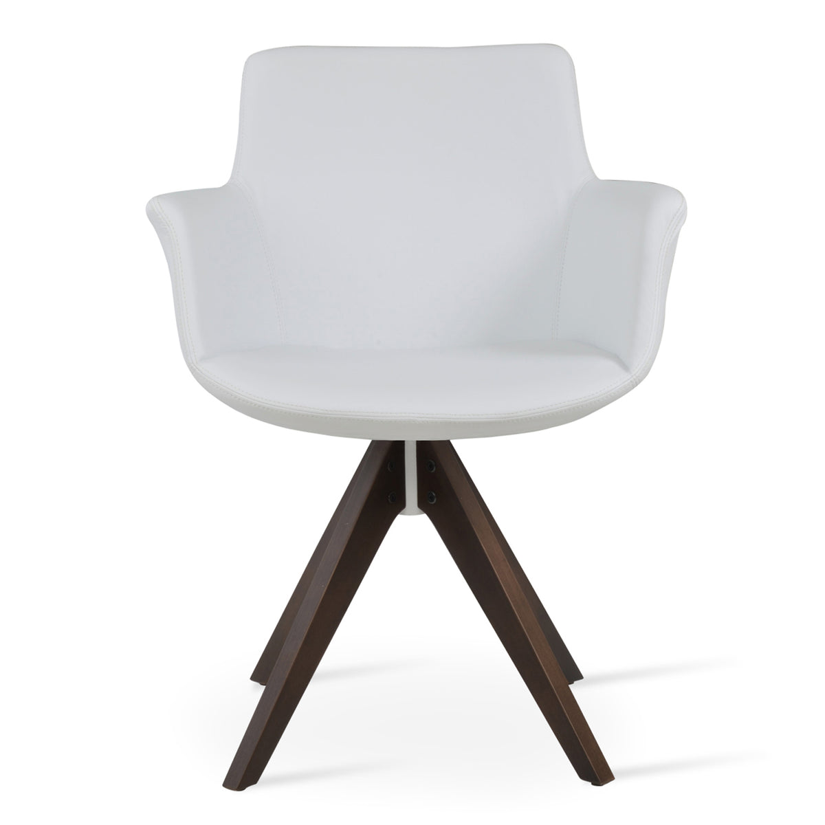 Bottega Pyramid Swivel Armchair by SohoConcept, showing front view of bottega pyramid swivel armchair in white leatherette with walnut wood base.