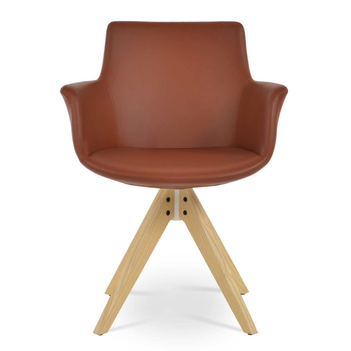 Bottega Pyramid Swivel Armchair by SohoConcept, showing front view of bottega pyramid swivel armchair in cinnamon ppm-fr with solid ash natural wood base.