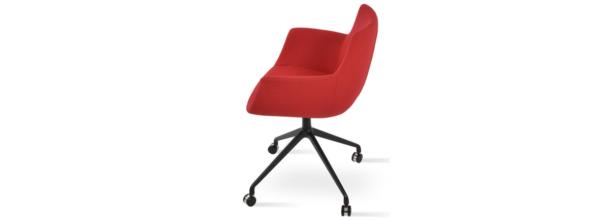 Bottega Spider Swivel Arm Chair with Casters by SohoConcept, showing side view of bottega spider swivel arm chair with casters in black aluminum/camira era red fabric.