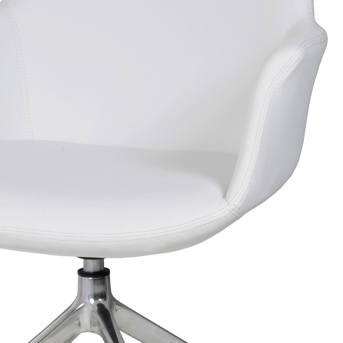 Bottega Spider Swivel Arm Chair with Casters by SohoConcept, showing closeup view of bottega spider swivel arm chair with casters in polished aluminum/white leatherette.
