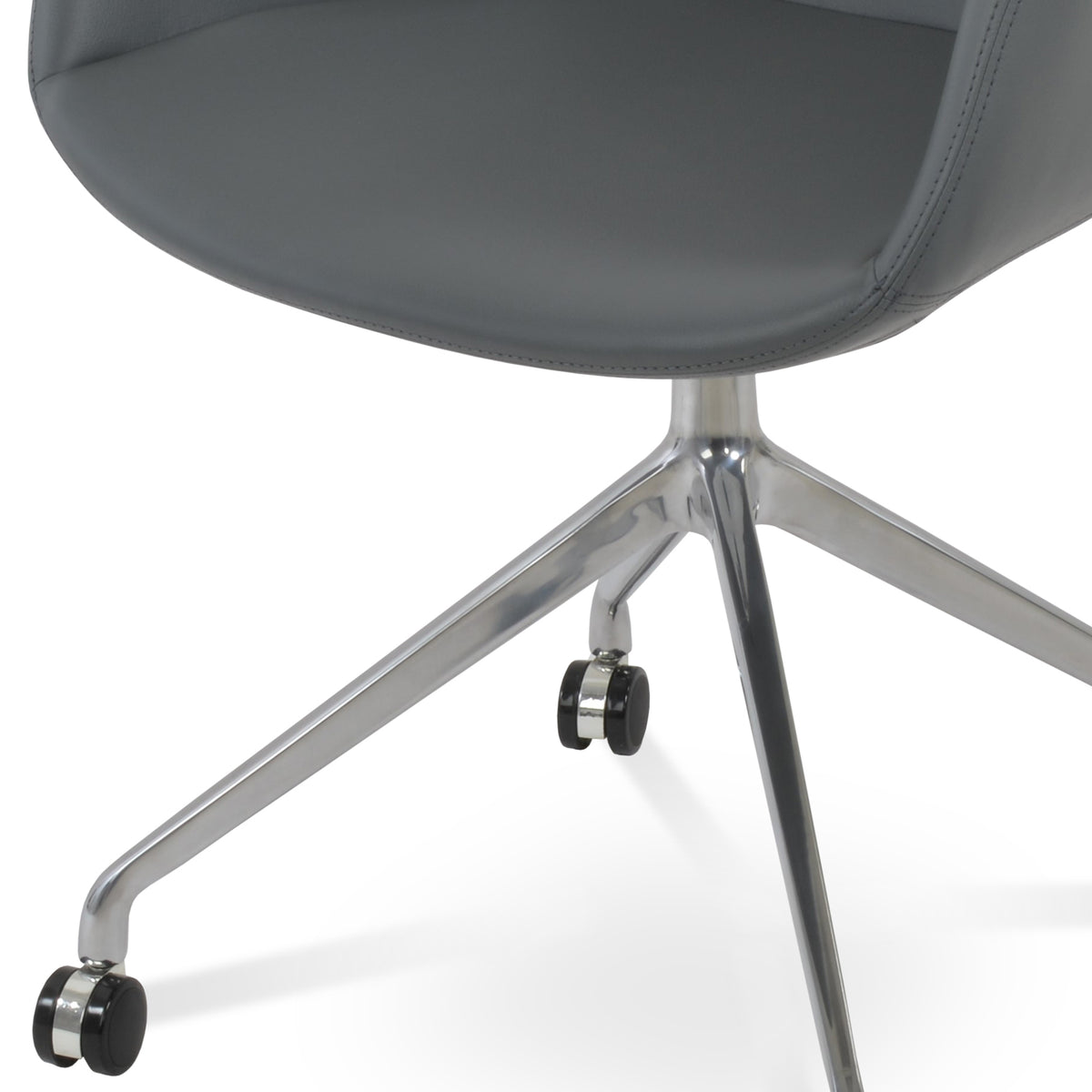 Bottega Spider Swivel Arm Chair with Casters by SohoConcept, showing closeup view of bottega spider swivel arm chair with casters in polished aluminum/grey leatherette.