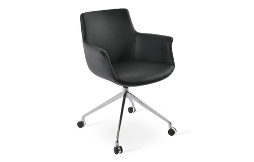 Bottega Spider Swivel Arm Chair with Casters by SohoConcept - Polished Aluminum, Black Leatherette.